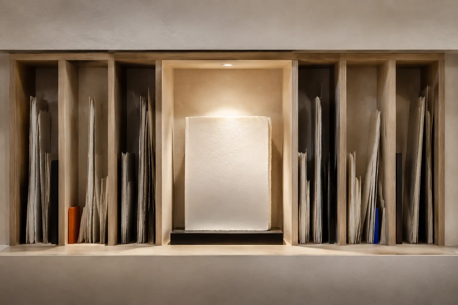 Seven editorial archive compartments resolving into one illuminated blank volume